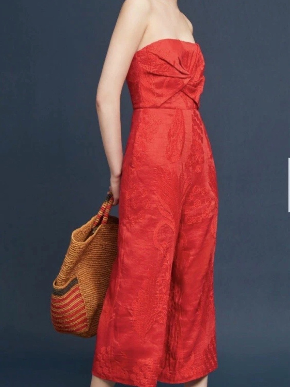 Aijek for Anthropologie "Natalie" Strapless Red Wide-leg Jumpsuit Size 2